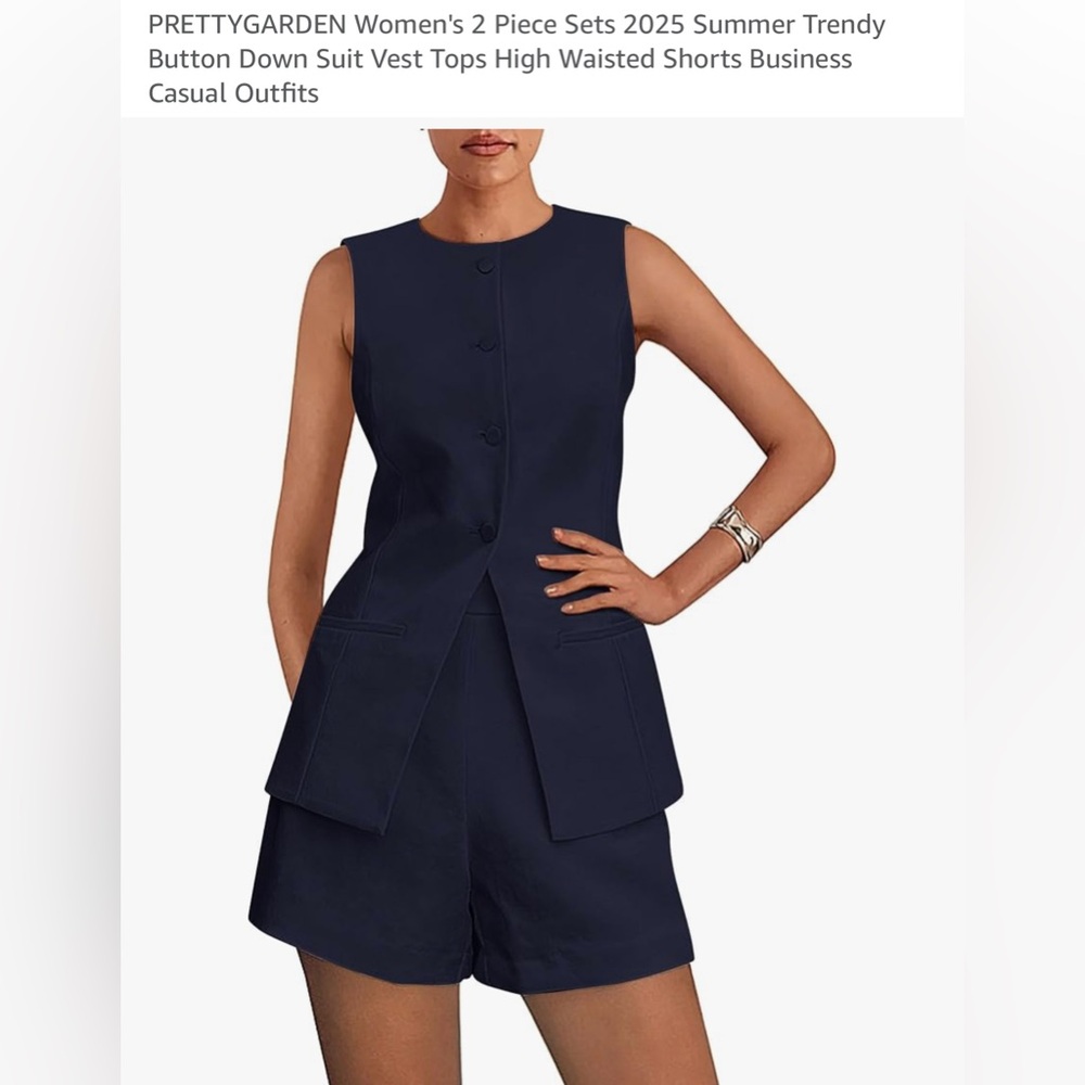 PRETTYGARDEN Women's Navy Blue Button Down Suit Vest and Shorts Set